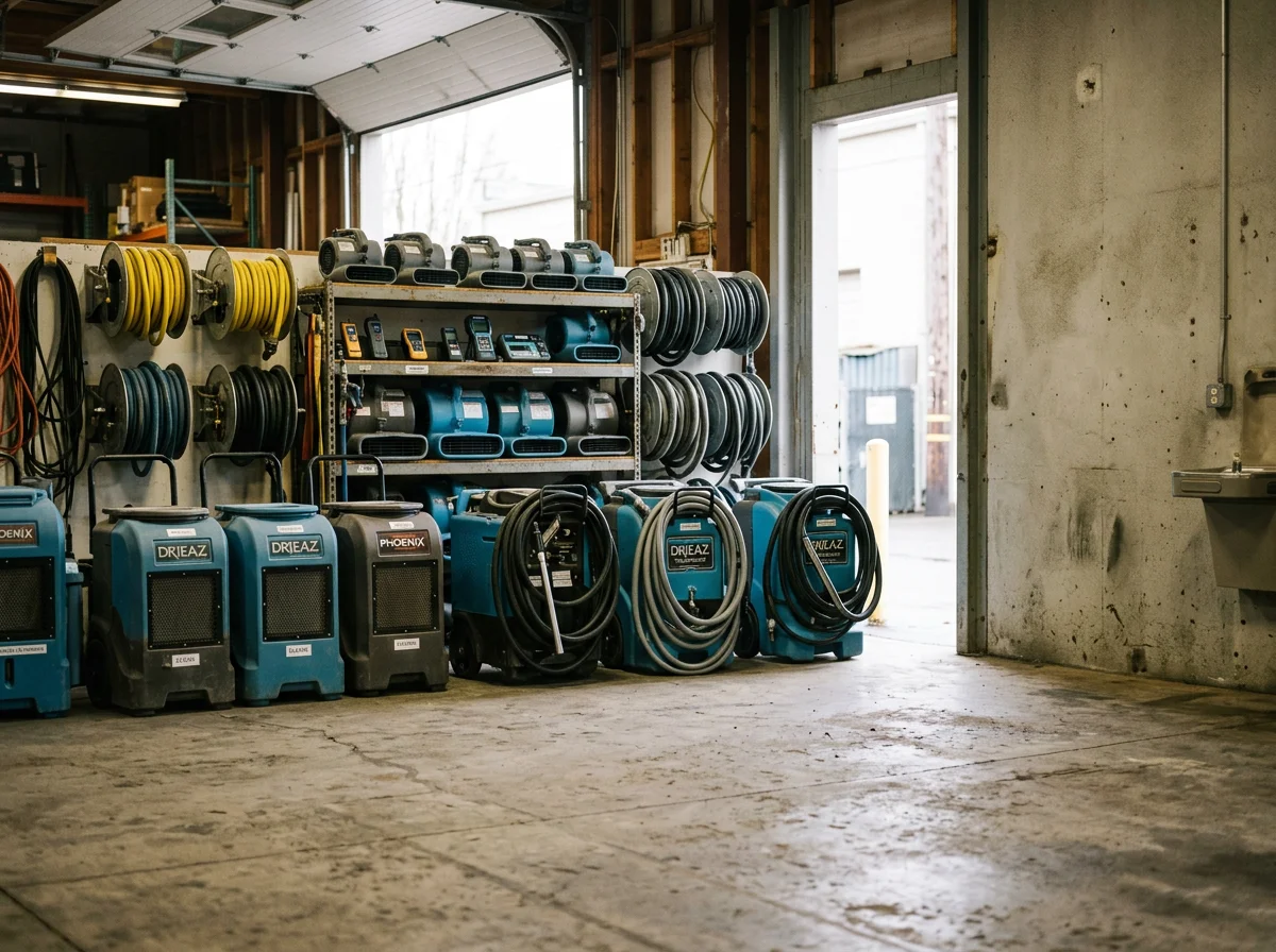 Professional restoration equipment and tools organized in a service bay, ready for emergency response.