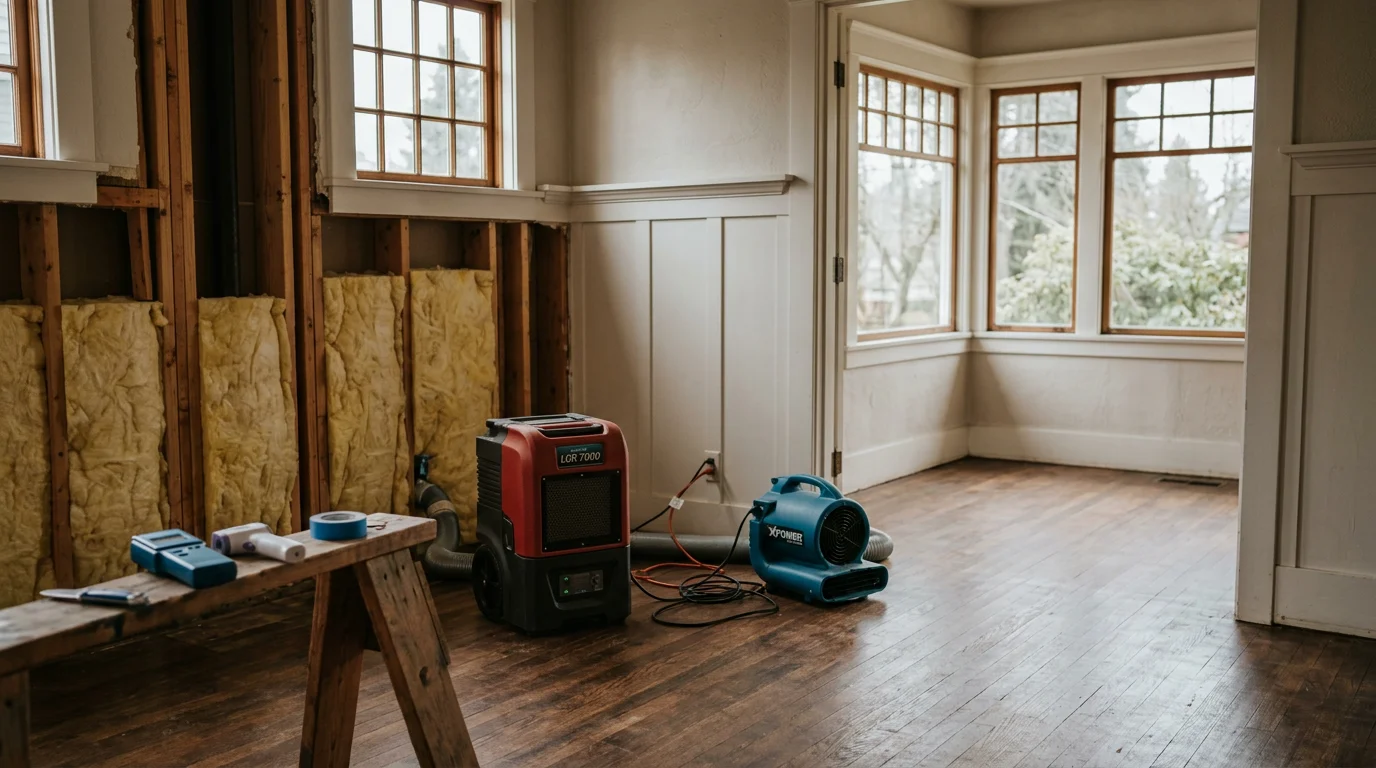 Professional restoration crew assessing water damage in Portland commercial building interior