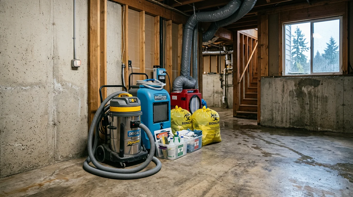 Professional sewage cleanup crew in protective equipment removing contaminated materials from Portland home