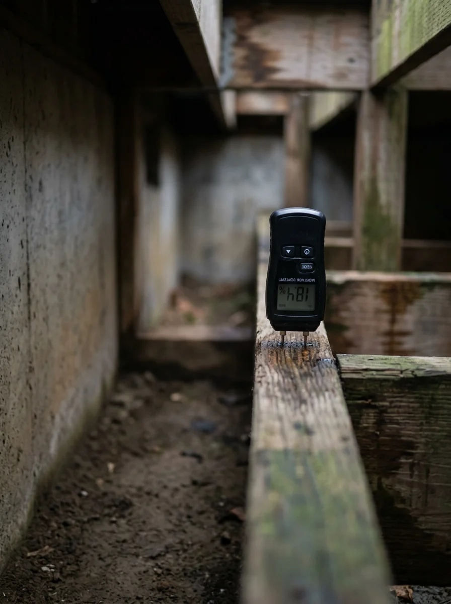 Close-up of a moisture meter reading on a wood subfloor joist in a Beaverton home crawlspace, showing elevated moisture levels after a water intrusion event.