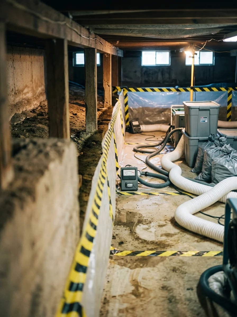 Technician in protective gear performing biohazard cleanup in a Clackamas crawlspace after a sewage backup event, with containment barriers and HEPA filtration equipment visible.
