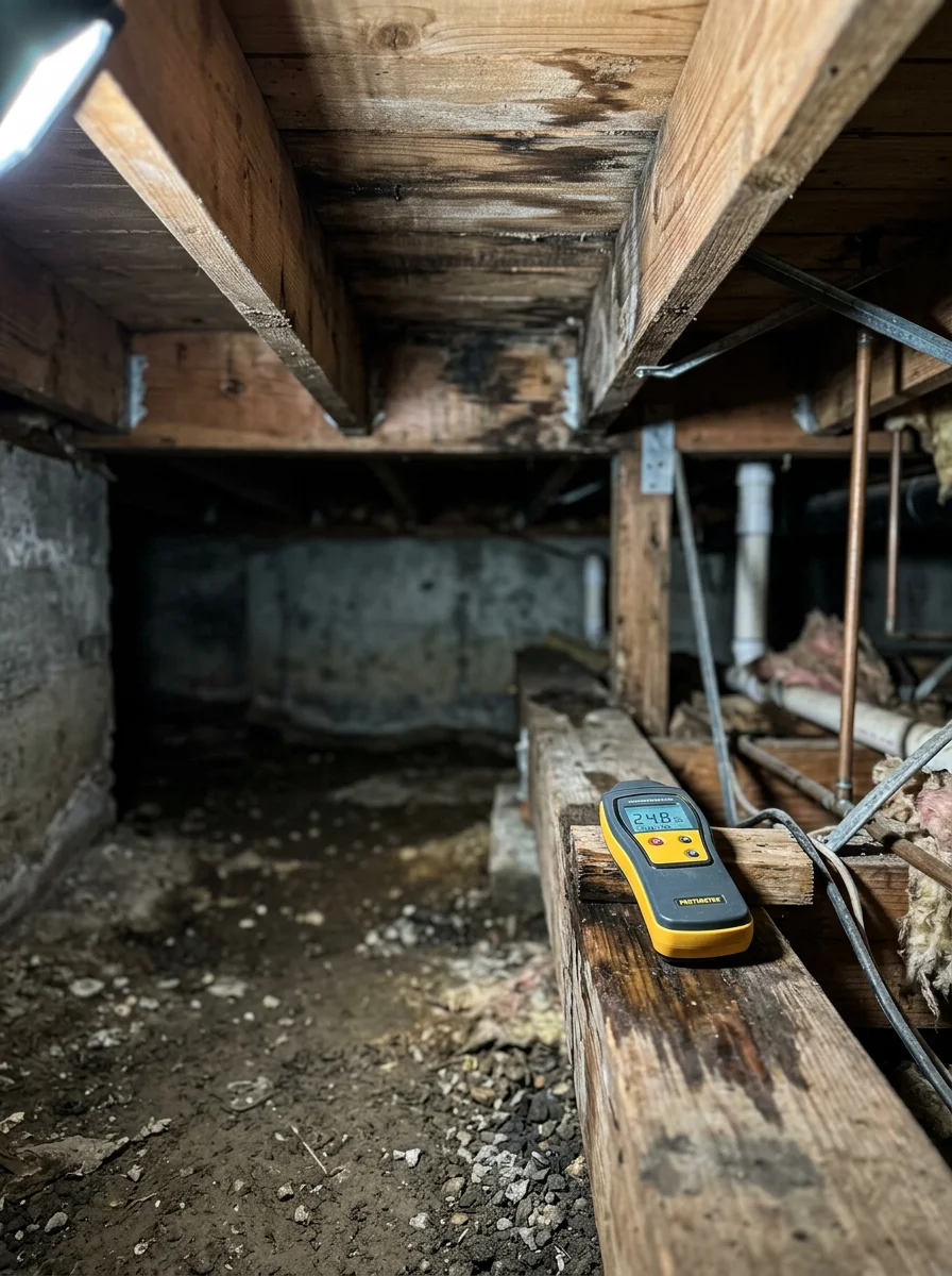 Technician performing moisture mapping with a handheld meter on wood joists inside a Gresham crawlspace showing signs of water intrusion and early mold growth.