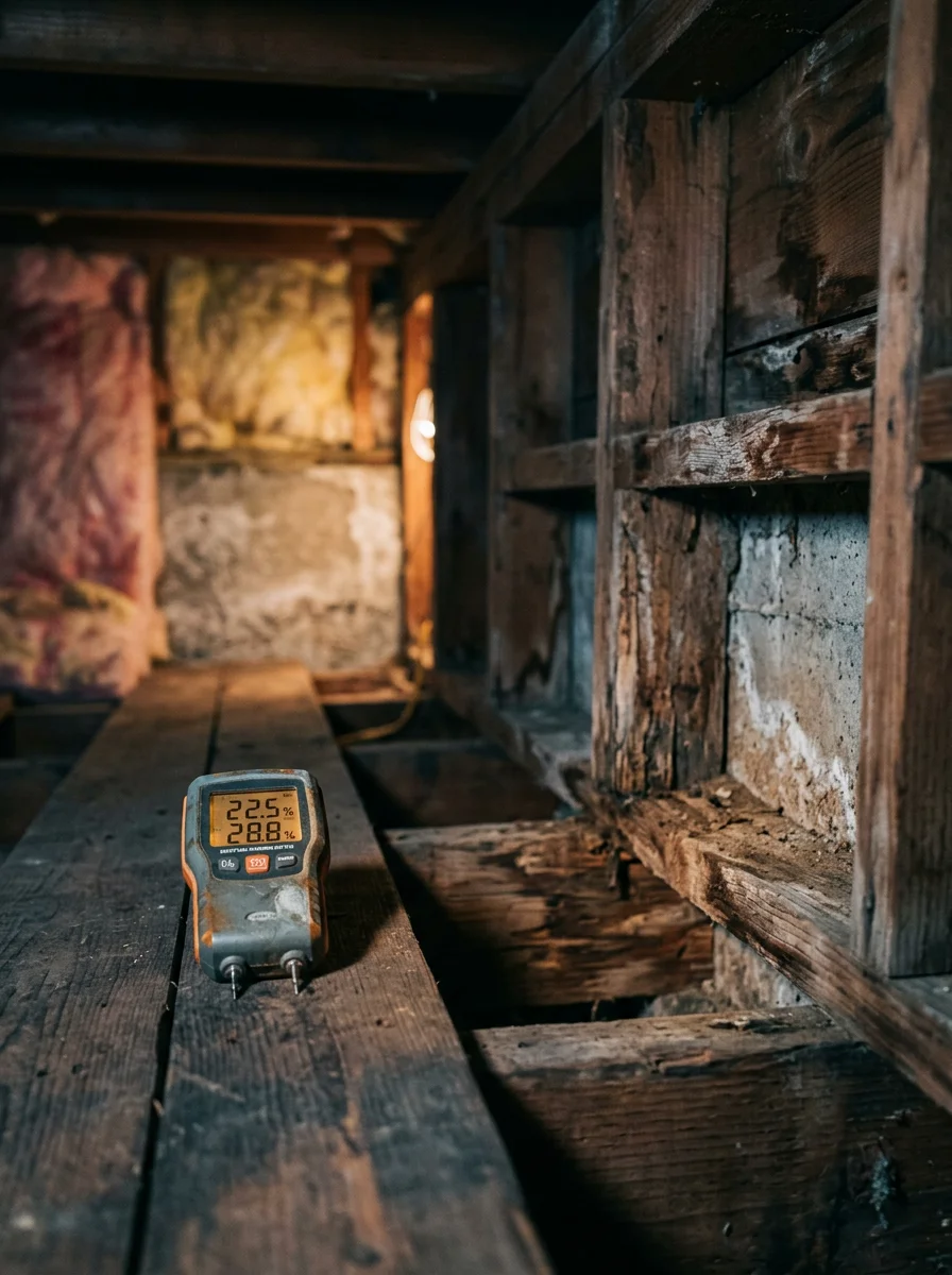 Moisture mapping equipment being used on the crawlspace subfloor of an older Hillsboro home near the Brookwood corridor, showing elevated readings on wood joists.