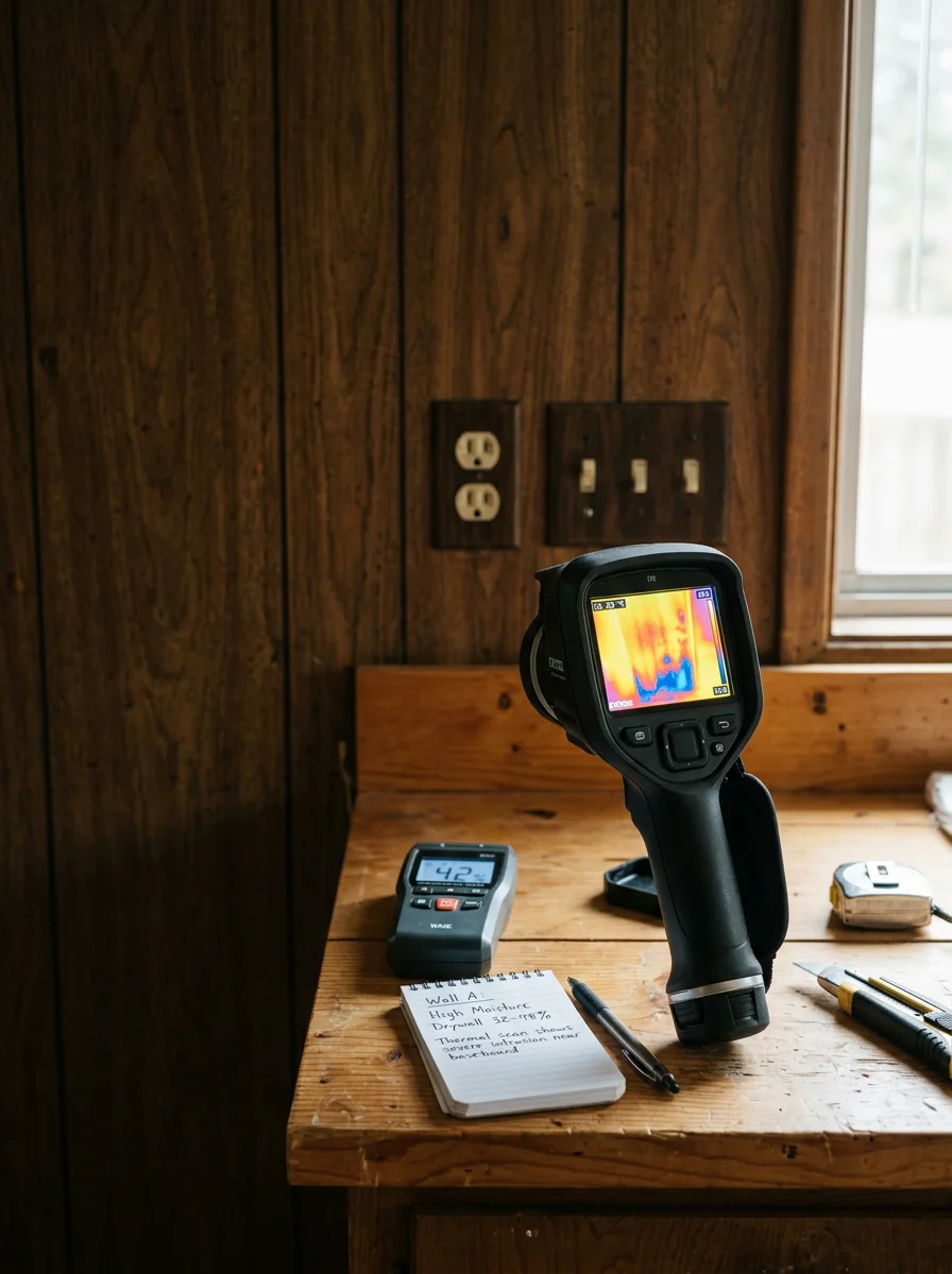 Technician using a thermal imaging camera to detect hidden moisture behind a finished wall in a 1970s Lake Oswego ranch home during a water damage assessment.