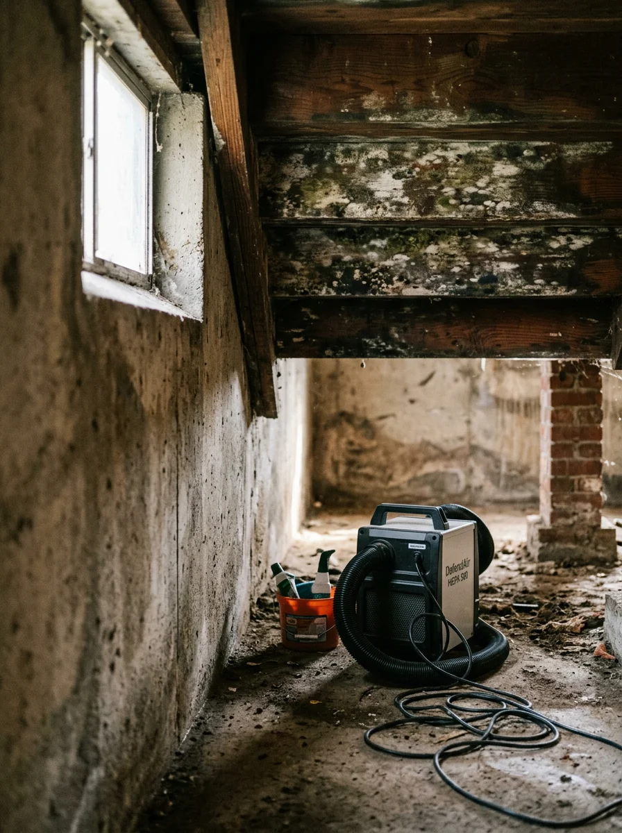 Close-up of a crawlspace under a Portland home showing mold growth on wood joists and a technician setting up HEPA filtration equipment for remediation.