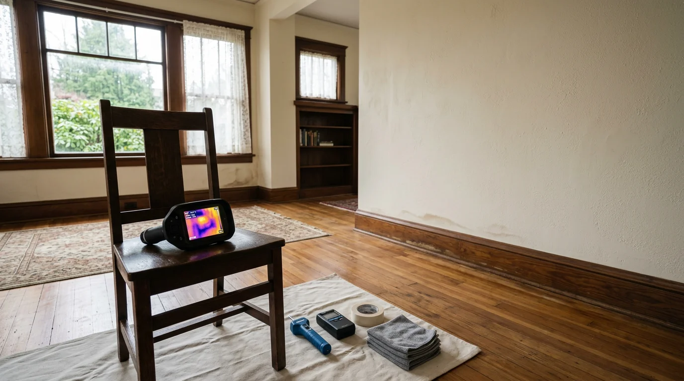 Restoration technician using moisture mapping equipment inside a 1920s Portland Craftsman bungalow with original wood floors and plaster walls after a pipe failure.