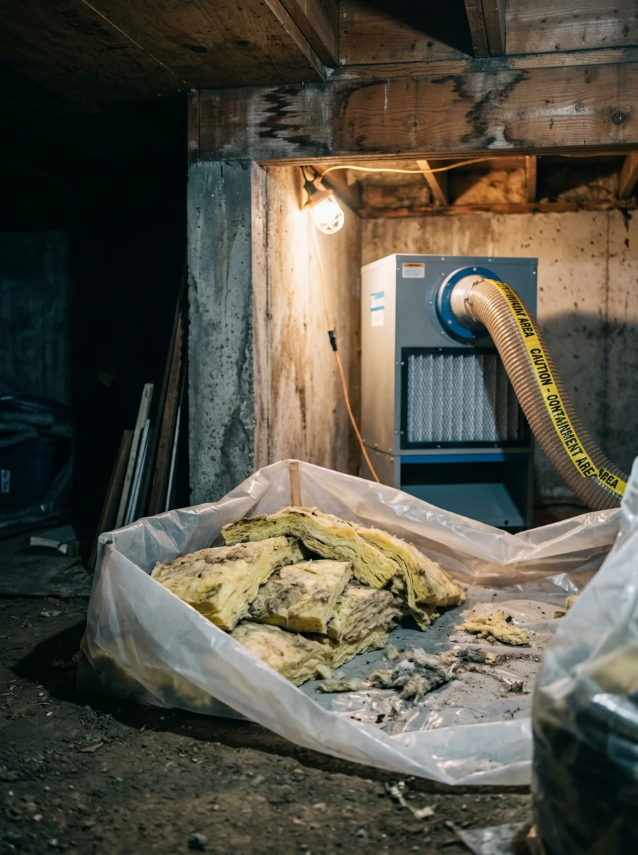 Technician removing mold-affected insulation from a Tigard crawlspace with containment barriers and HEPA filtration equipment running in the background.