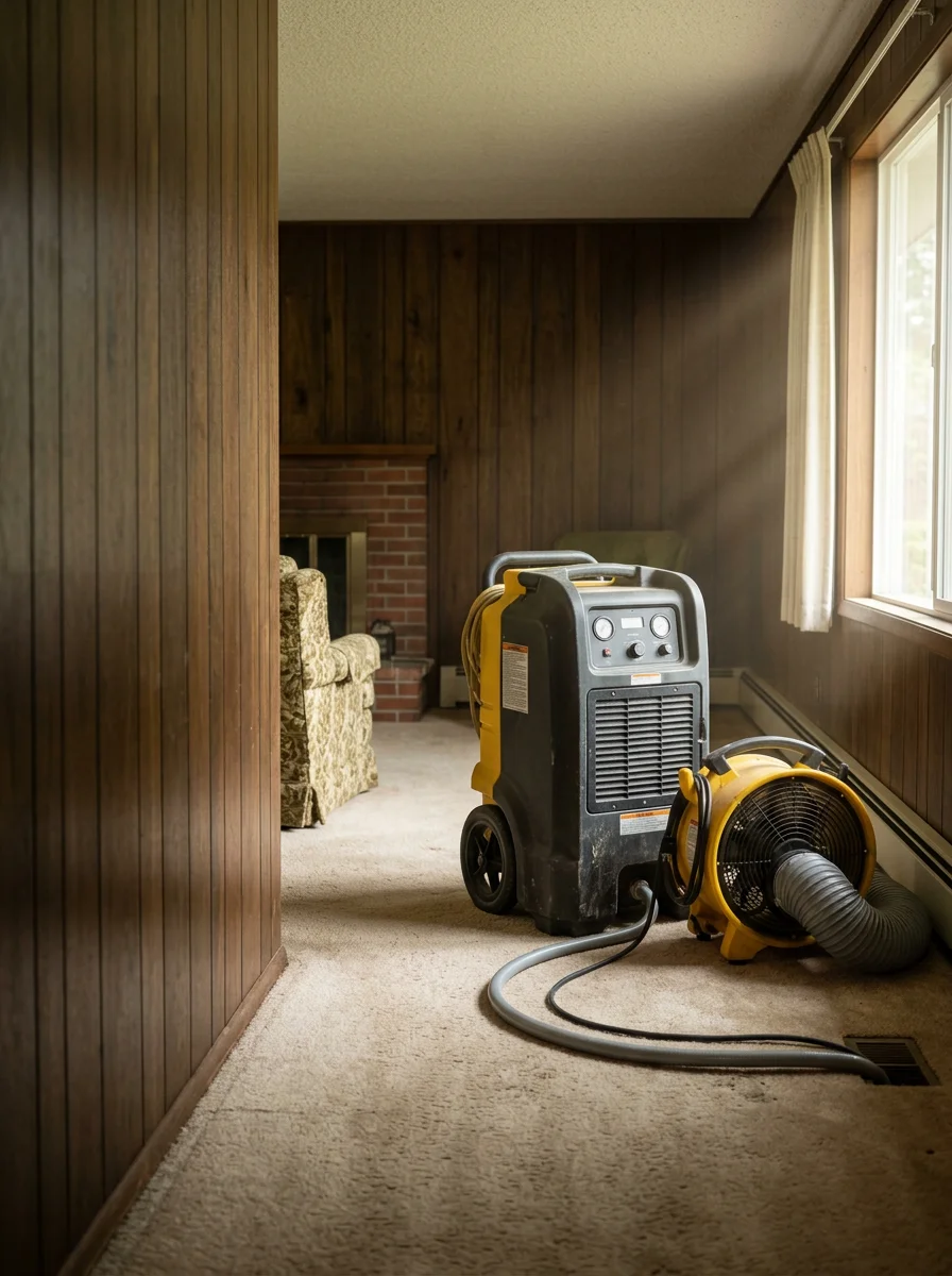 Structural drying equipment set up in a 1970s ranch-style home in Vancouver, Washington