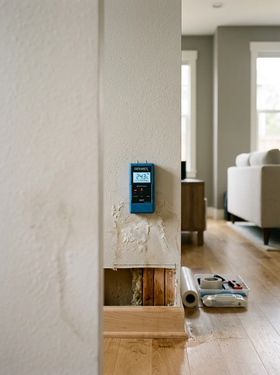 Technician using moisture mapping equipment on the wall assembly of a newer Wilsonville home after an appliance failure, checking for hidden moisture inside the wall cavity.