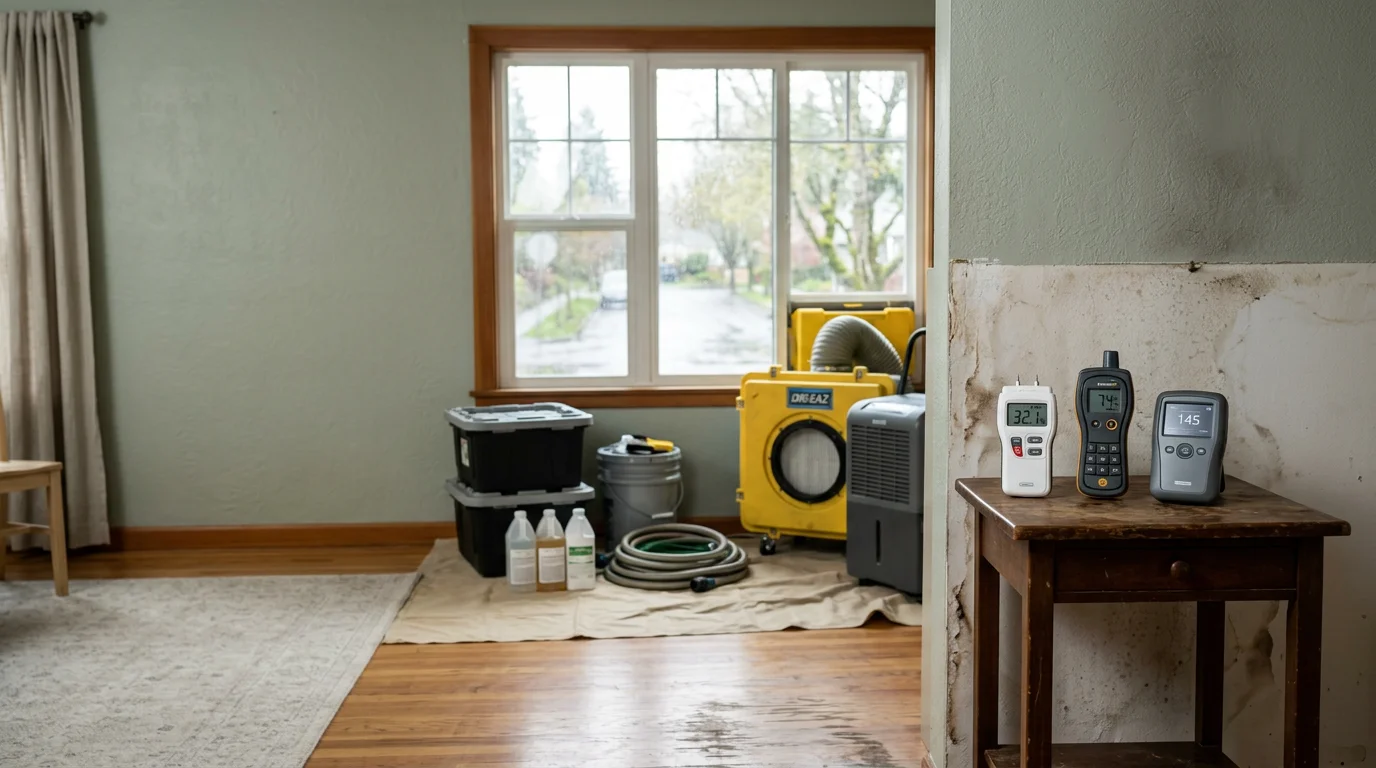 A restoration technician assessing a Portland-area home interior for smoke and mold contamination after a property damage event. The room shows visible discoloration on walls consistent with smoke or moisture exposure in a Pacific Northwest residential setting.