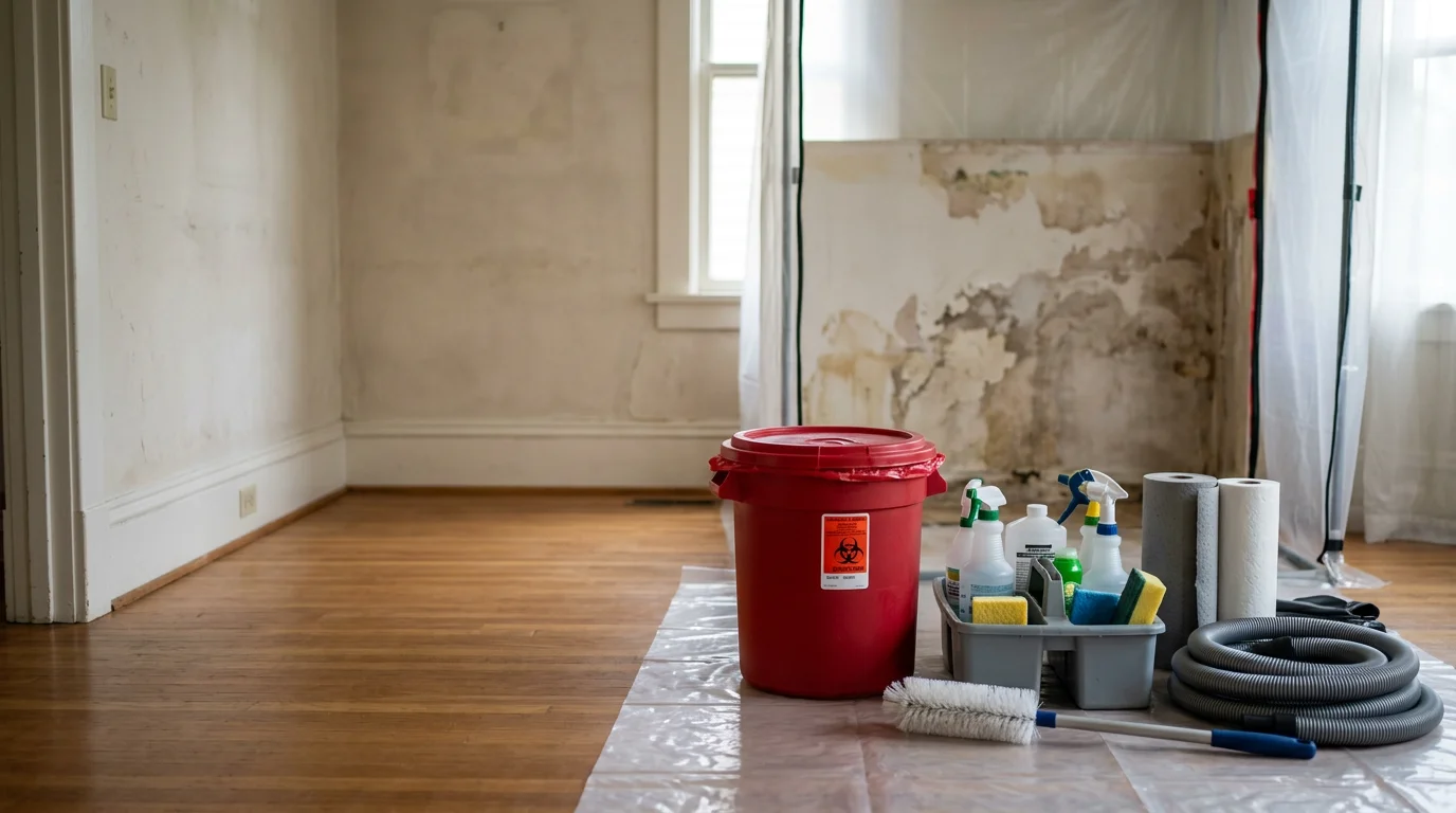 A professional biohazard cleanup technician in full protective gear decontaminating a residential room in the Portland, Oregon metro area. The scene shows containment barriers in place and equipment staged for safe removal of biological materials.