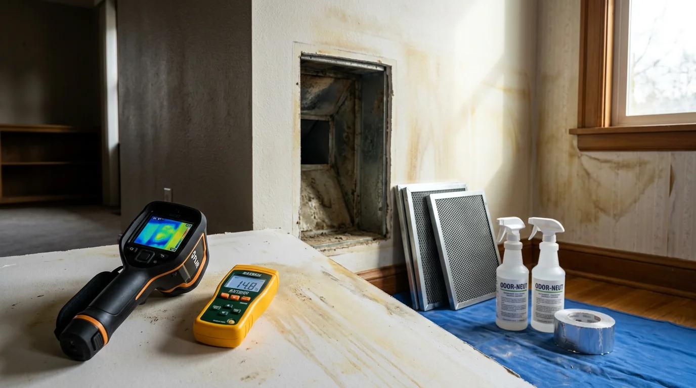 Interior of a Portland-area home after professional cigarette smoke odor removal, showing clean walls and restored living space. A restoration technician inspects a treated surface in a residential property served by ClearSky Restoration.