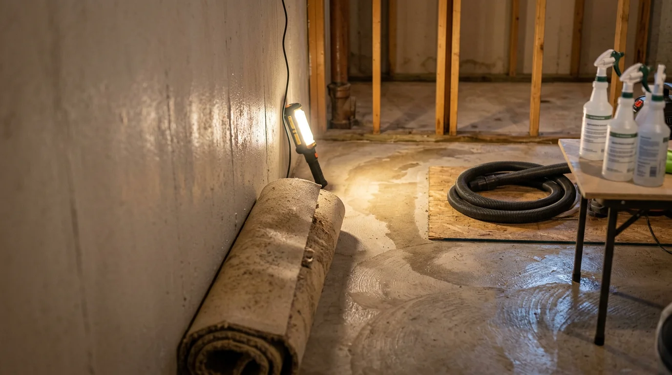 A decontamination technician in protective gear treating a sewage-affected basement floor in a Portland-area home. Contaminated materials have been removed and surfaces are being disinfected after a sewer backup.