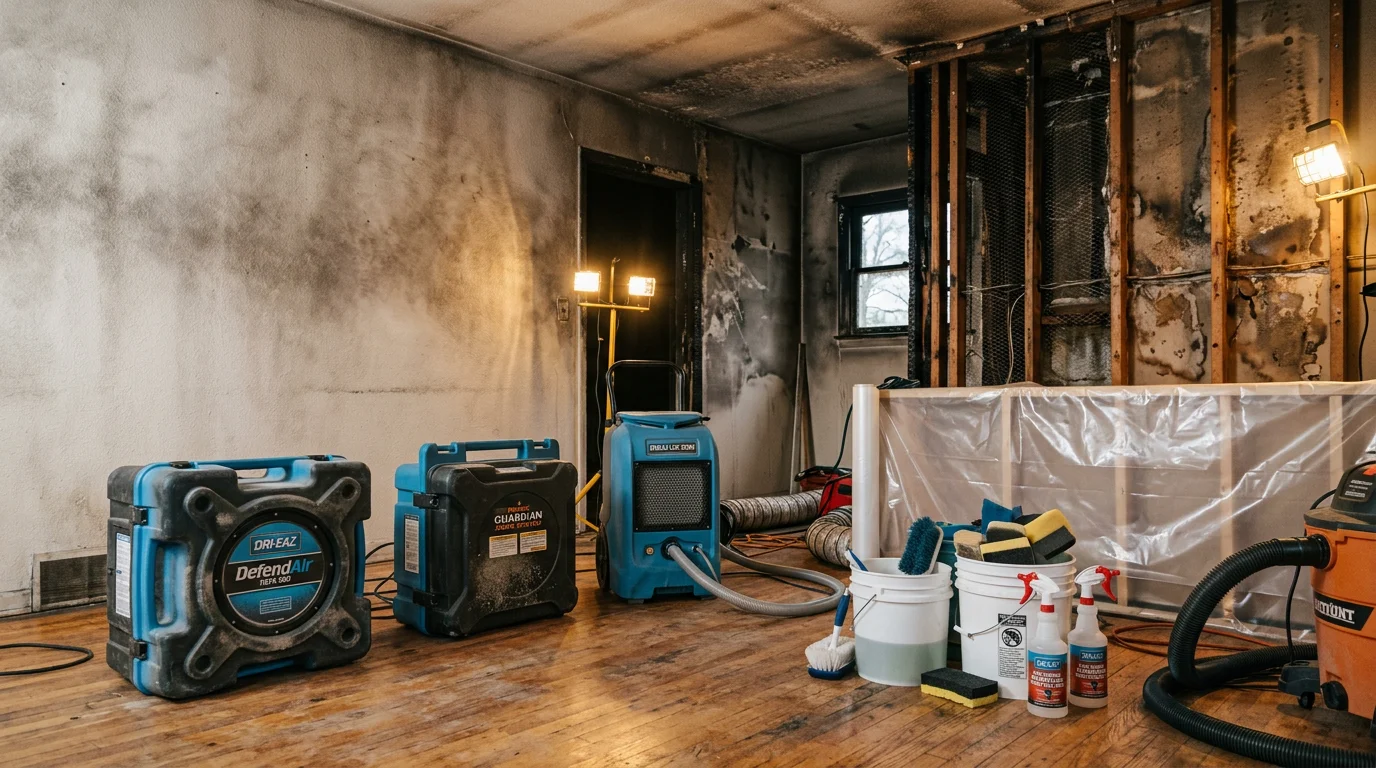 Interior of a Portland-area home showing soot-covered walls and ceiling after a fire, with a restoration technician cleaning smoke residue from surfaces. Fire damage cleaning in progress to restore the room to a safe, livable condition.