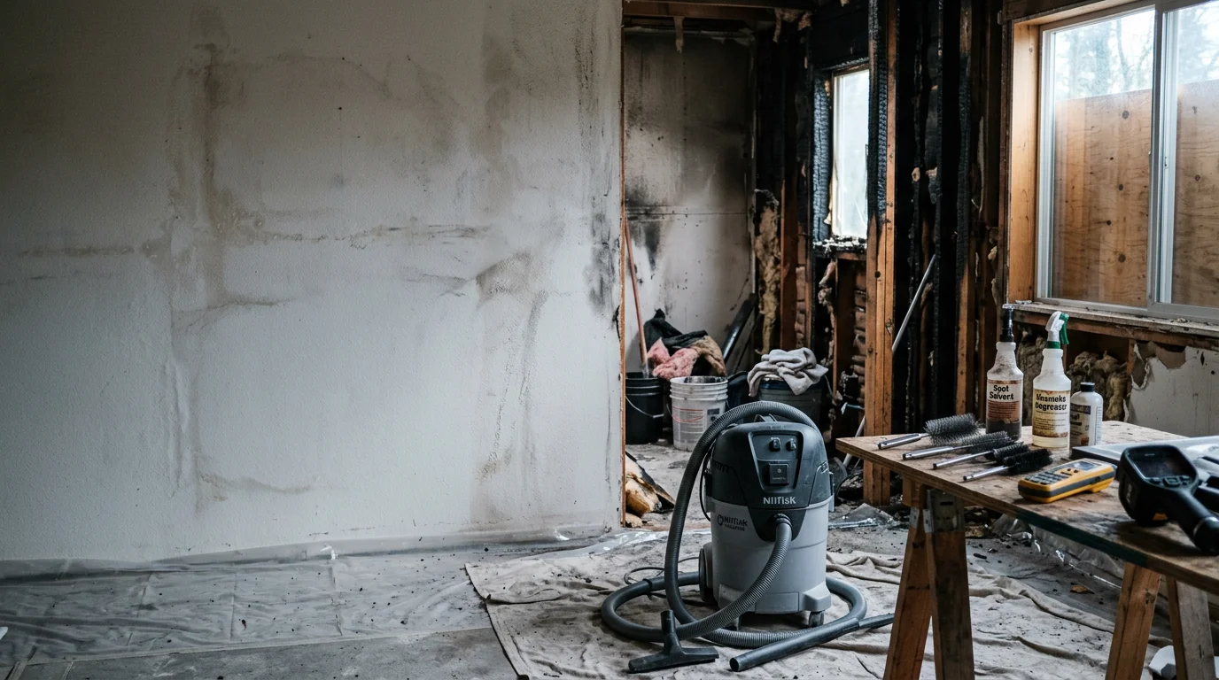 Interior of a Portland-area home showing fire and soot damage to walls and ceiling during the cleanup and restoration process. A restoration technician assesses charred framing and smoke-stained surfaces before structural repairs begin.