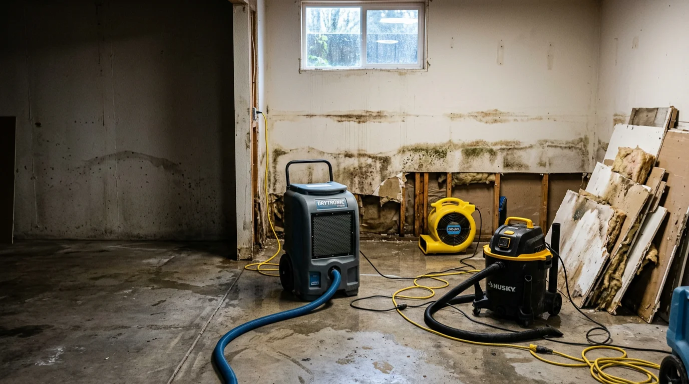 A flood cleanup crew assessing a water-damaged basement in a Portland-area home, with saturated flooring and visible waterlines on the lower walls. The scene shows the early stage of a professional flood cleanup response following heavy seasonal rainfall.