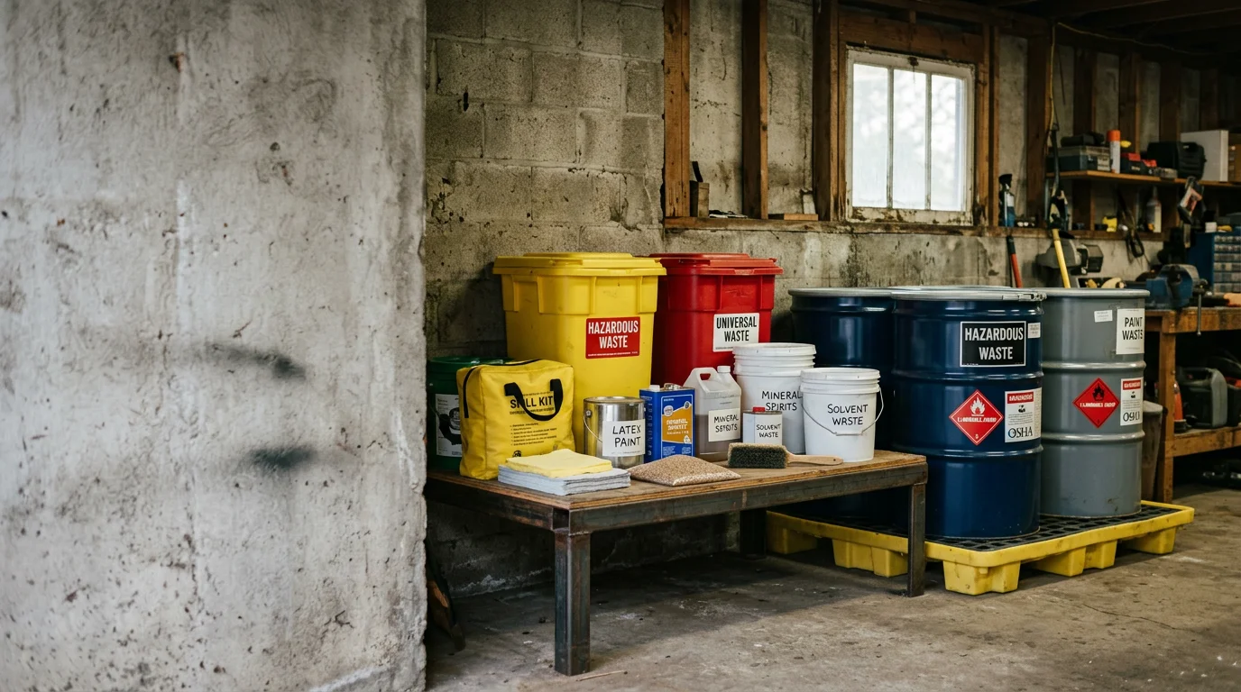 A ClearSky Restoration technician carefully containing and labeling hazardous household materials including paint cans and chemical containers during a property cleanup in Portland, Oregon. Sealed containers are staged on a garage floor ready for compliant removal and disposal.
