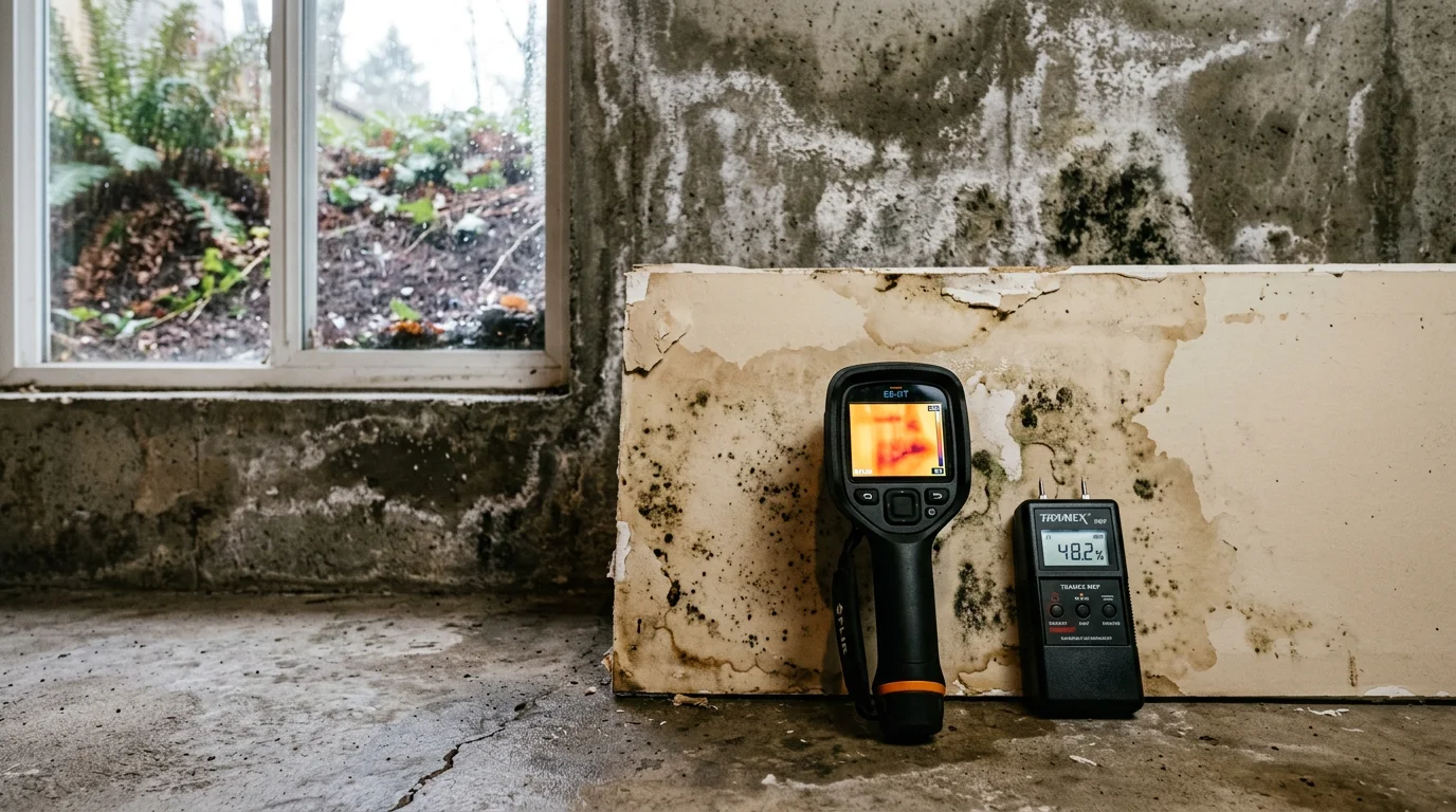 A restoration technician using a thermal imaging camera to scan a water-damaged interior wall in a Portland home, with a moisture meter reading displayed on a nearby surface. The scan reveals hidden moisture patterns inside the wall cavity following a pipe leak.