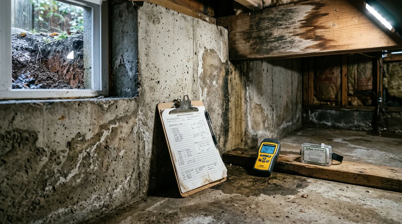 A mold inspector using a moisture meter to assess a crawlspace beneath a Portland-area home, with visible floor joists and subfloor framing in the background. The inspection targets hidden moisture and mold growth common in the Pacific Northwest's wet climate.
