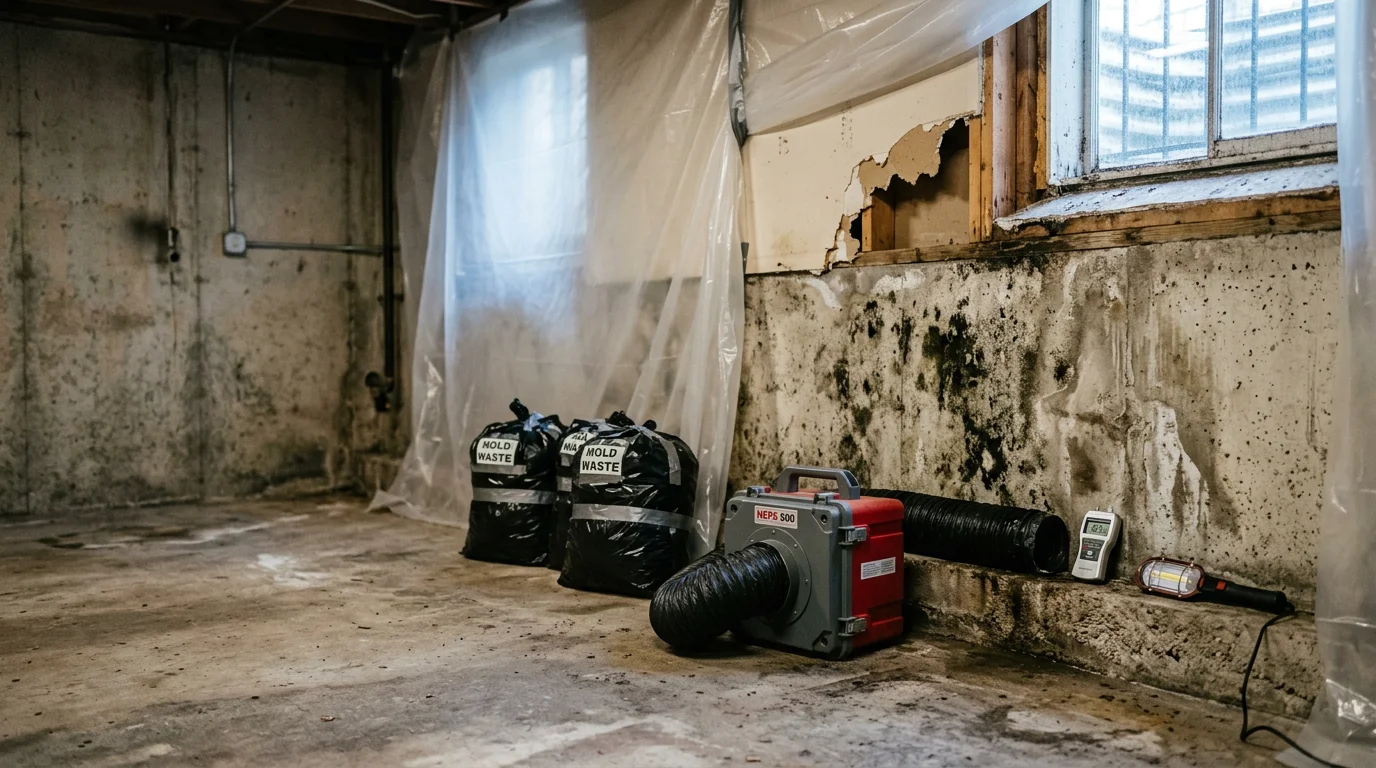 A Portland-area crawl space showing mold growth on wood framing and floor joists before professional remediation. A restoration technician in protective gear inspects the affected area with a moisture meter.