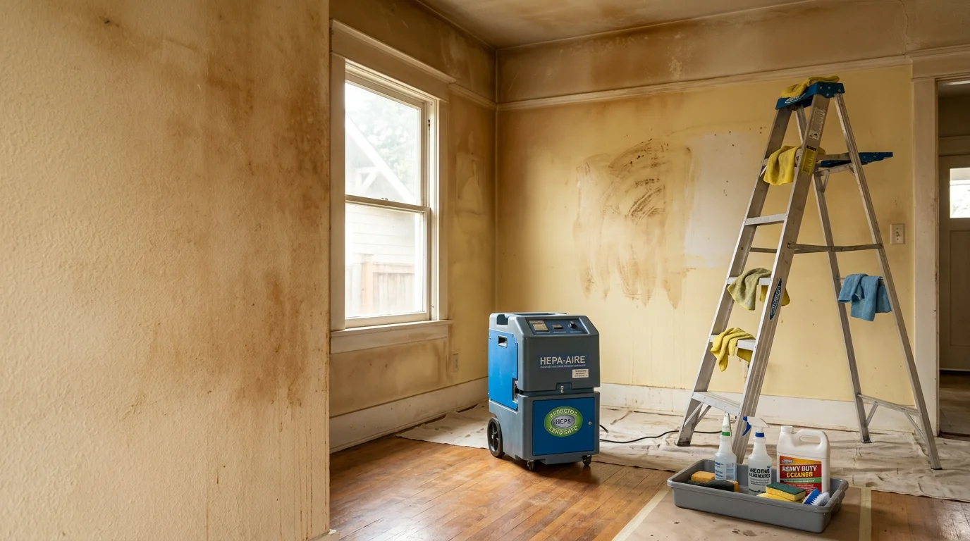 Interior of a Portland-area home showing a restoration technician cleaning nicotine-stained walls and ceiling in a vacant room. Surfaces show visible yellow-brown discoloration from cigarette smoke residue prior to treatment.