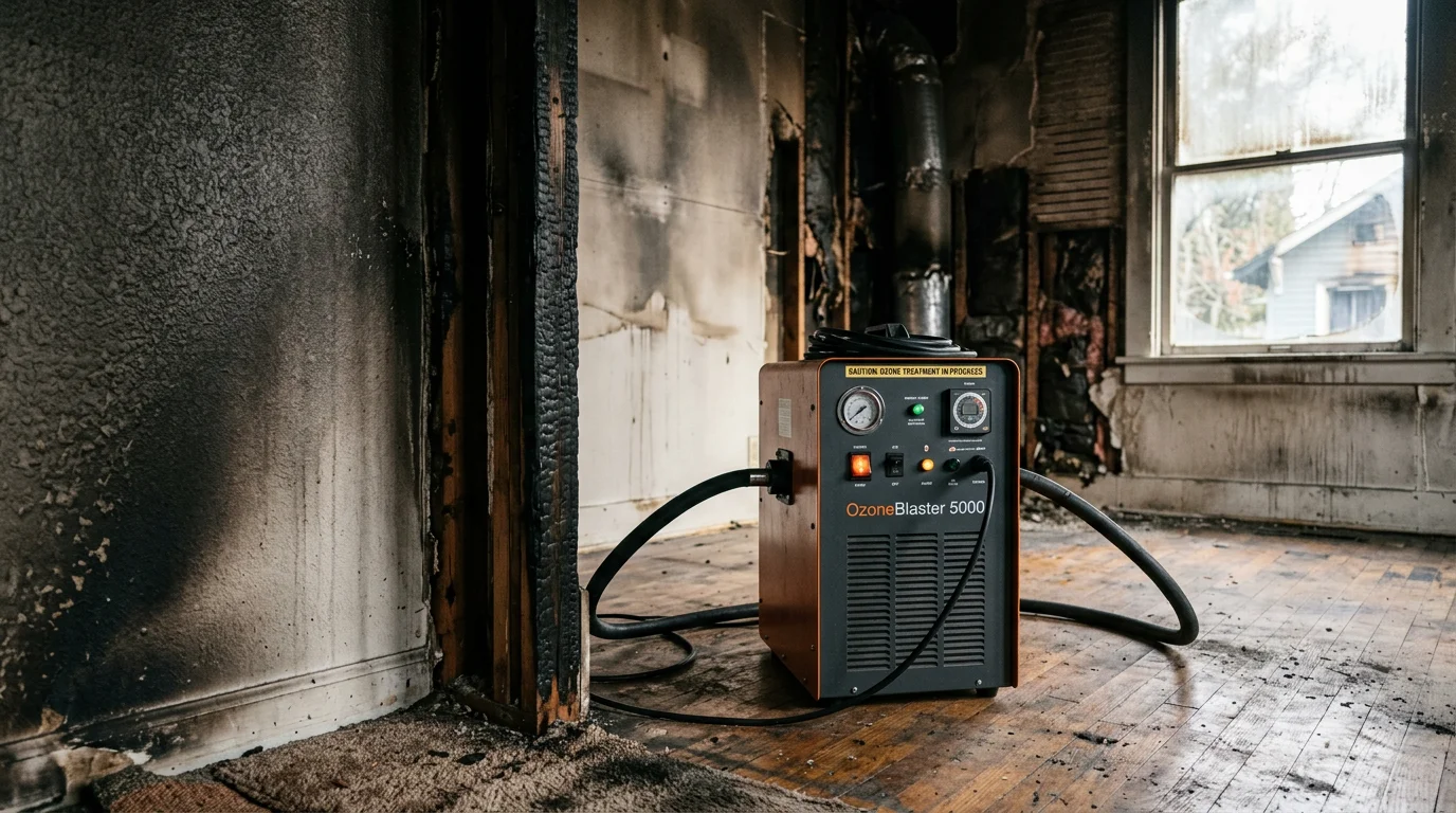 Ozone generator running inside a smoke-damaged living room in a Portland-area home, with soot-stained walls and removed furnishings visible during the post-fire deodorization process. The space is unoccupied and prepared for the ozone treatment cycle as part of fire damage restoration.