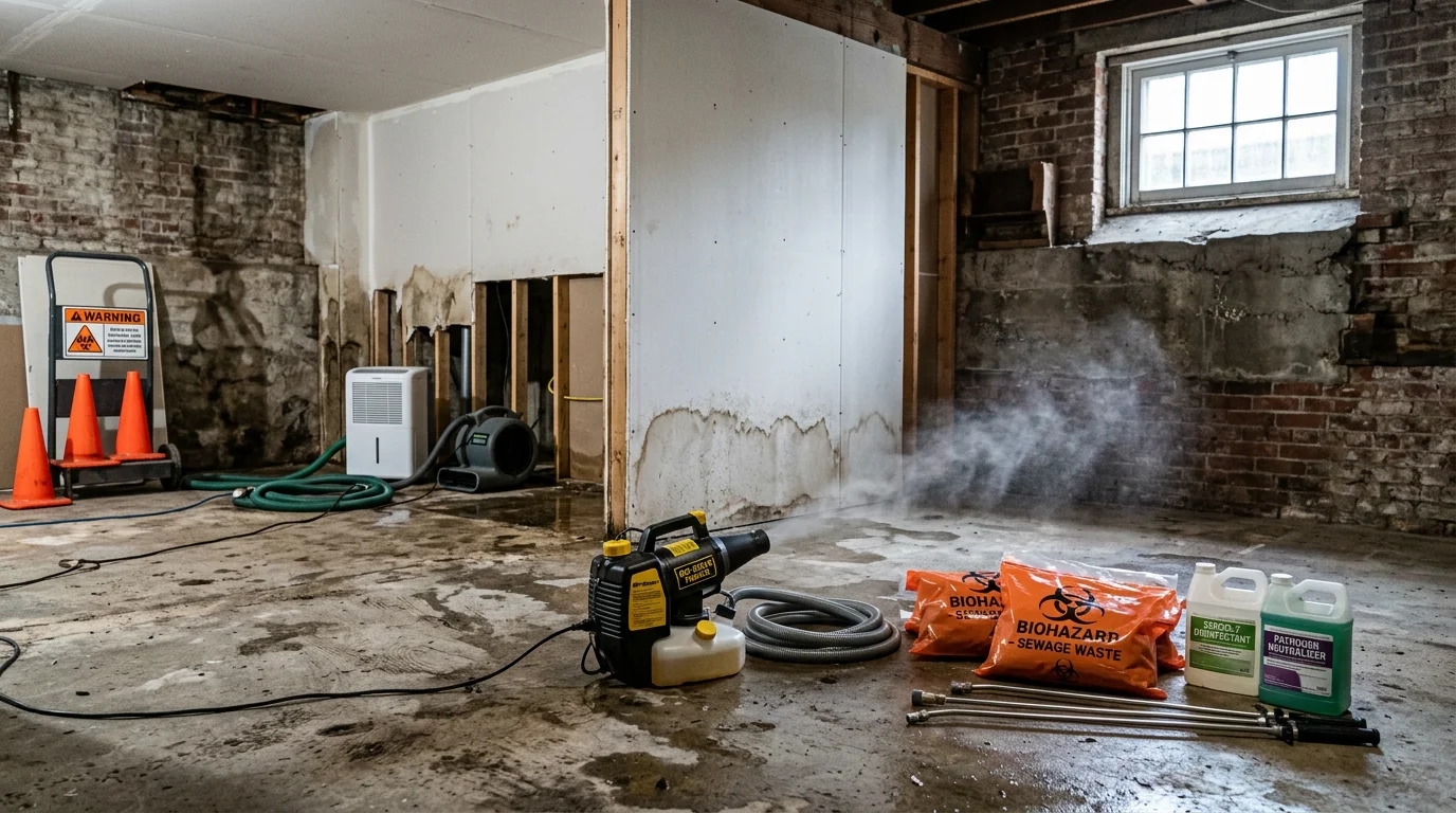 A restoration technician in protective gear applying disinfection treatment to a water-damaged basement floor in a Portland-area home after a sewage backup event. Structural surfaces are cleared of debris and prepared for antimicrobial treatment.