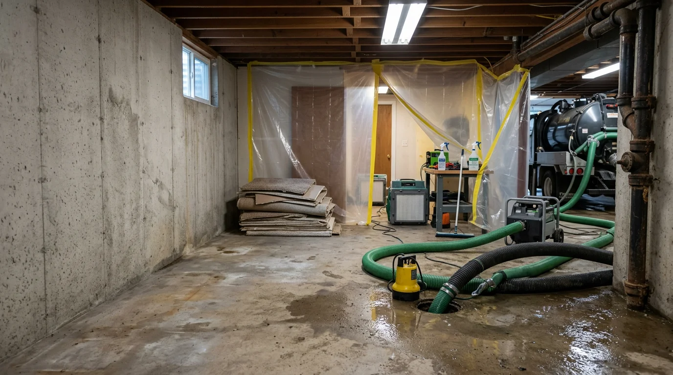 A Portland-area basement floor drain and surrounding concrete after professional sewage backup cleanup, with drying equipment in place and no visible standing water or contamination. The restoration scene shows a cleared, treated space ready for structural drying.