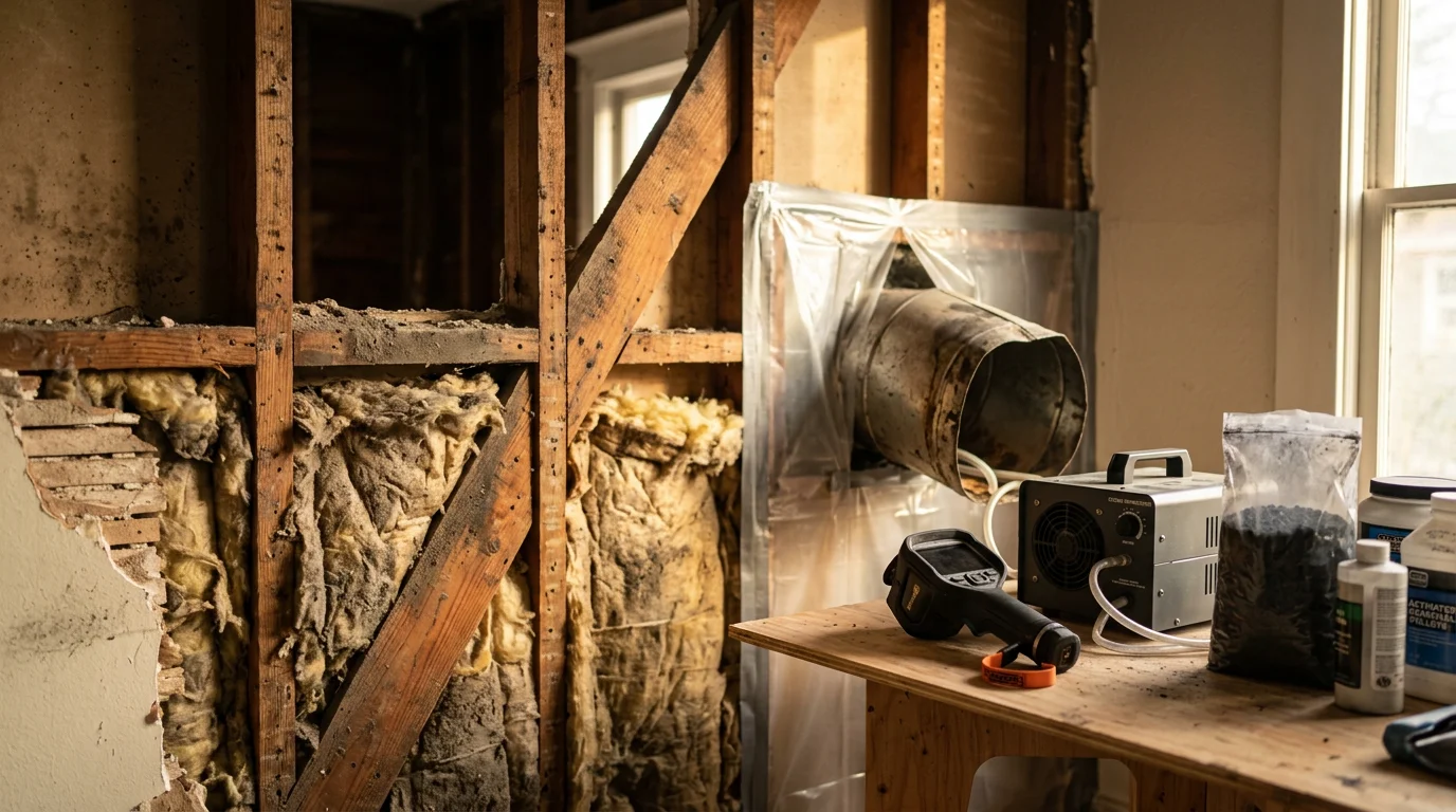 A restoration technician inspecting smoke-stained walls and ceiling in a Portland home after a fire. Professional deodorization equipment is set up in the room to treat embedded smoke odor.