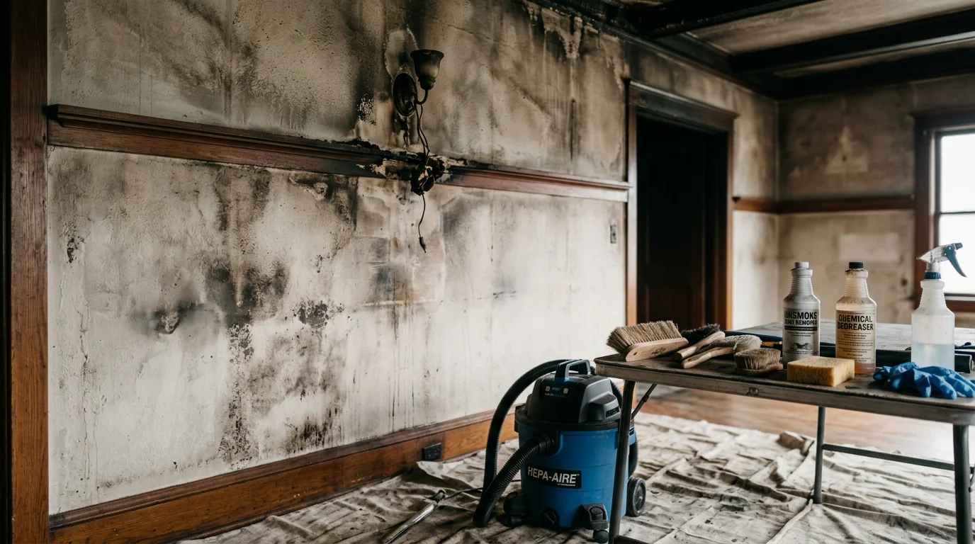 A restoration technician cleaning dark soot residue from the wall and ceiling of a Portland-area home after a fire. Surfaces show visible soot staining prior to professional removal.