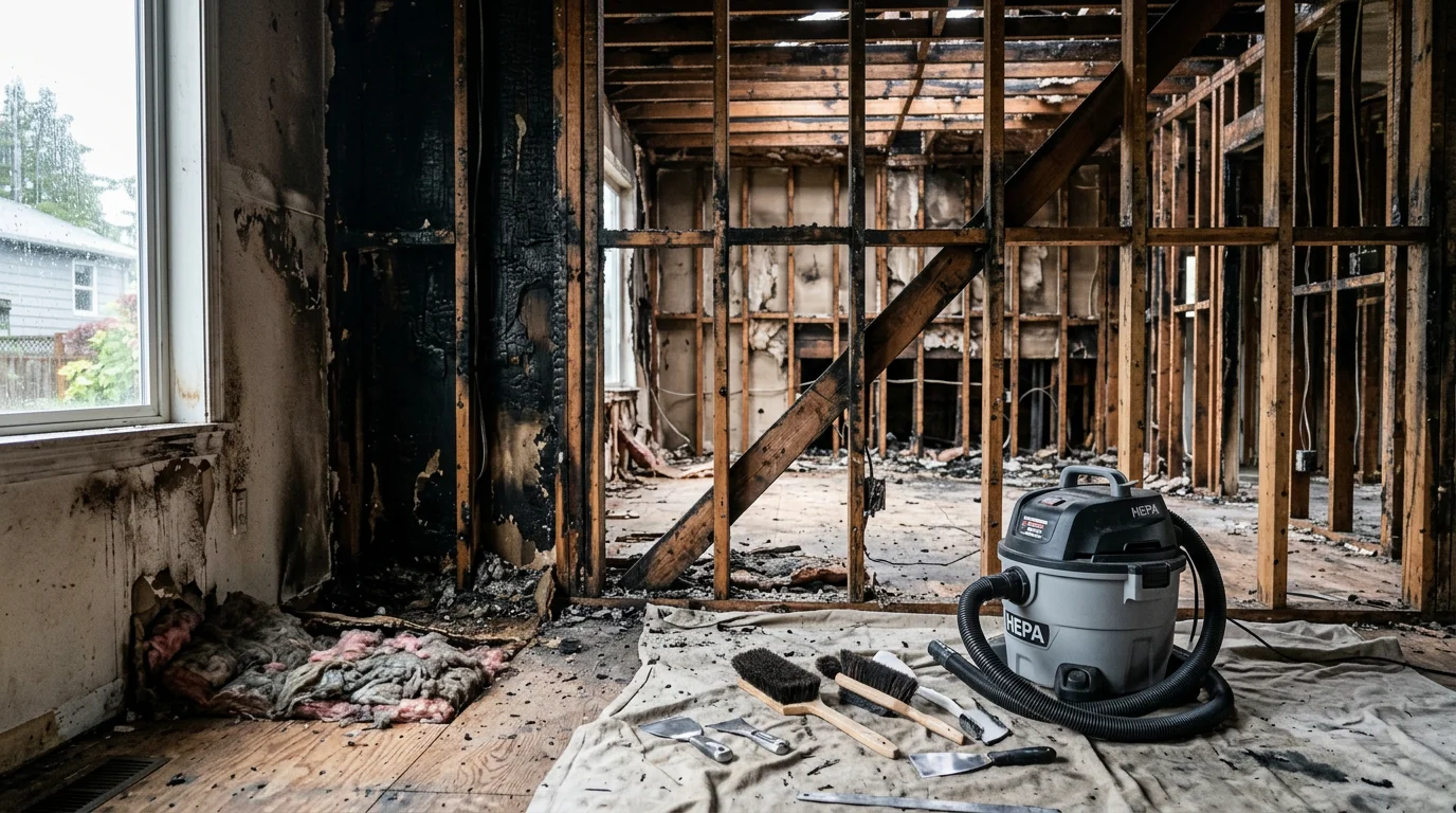 Exposed wall framing and ceiling joists in a Portland home showing soot and smoke residue being cleaned after a fire. A restoration technician works on structural surfaces inside the fire-damaged interior.