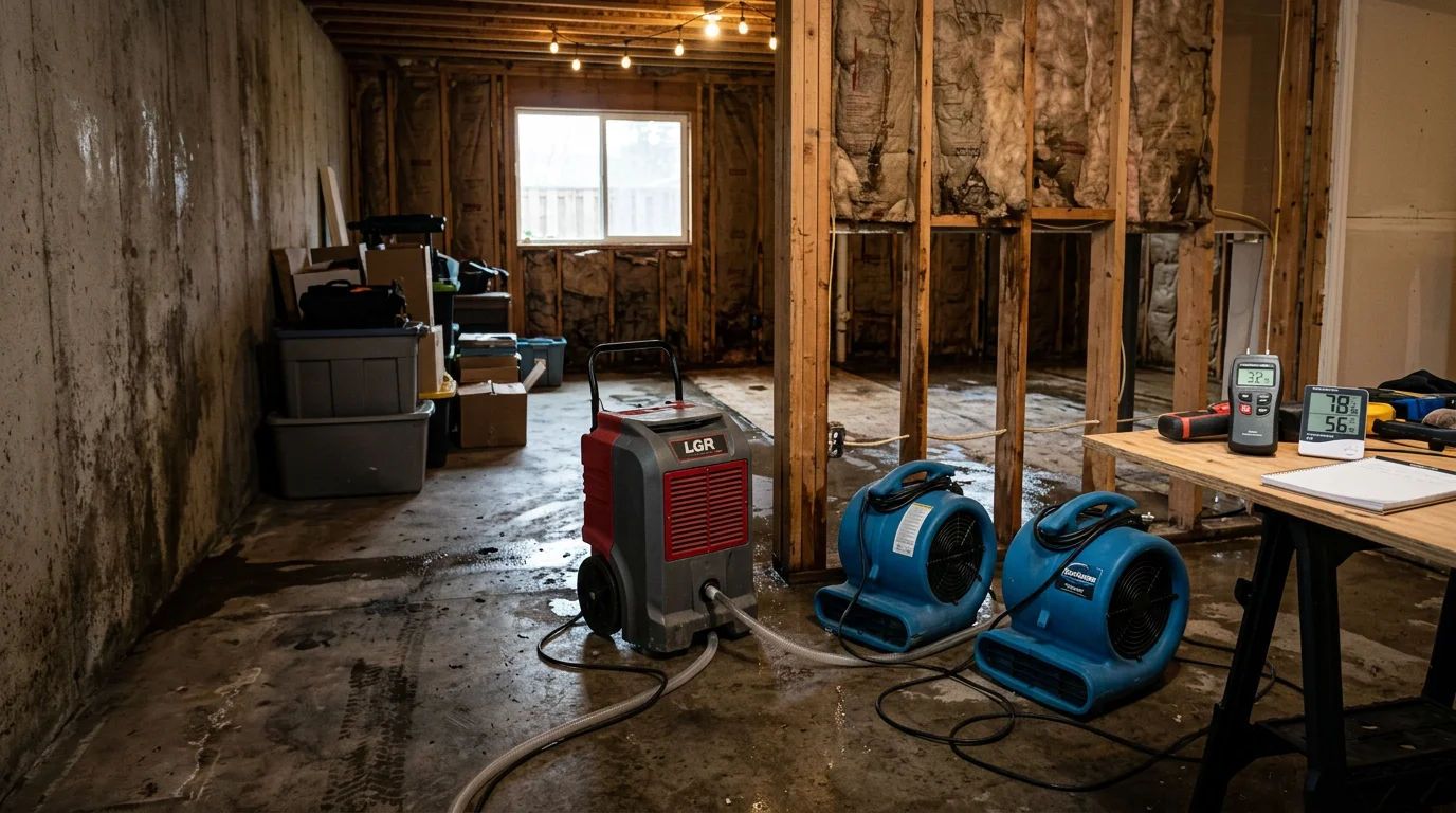 Industrial air movers and a dehumidifier set up in a water-damaged room of a wood-framed Portland-area home, with moisture meter readings visible on the wall framing. A restoration technician monitors drying equipment during the structural drying process.