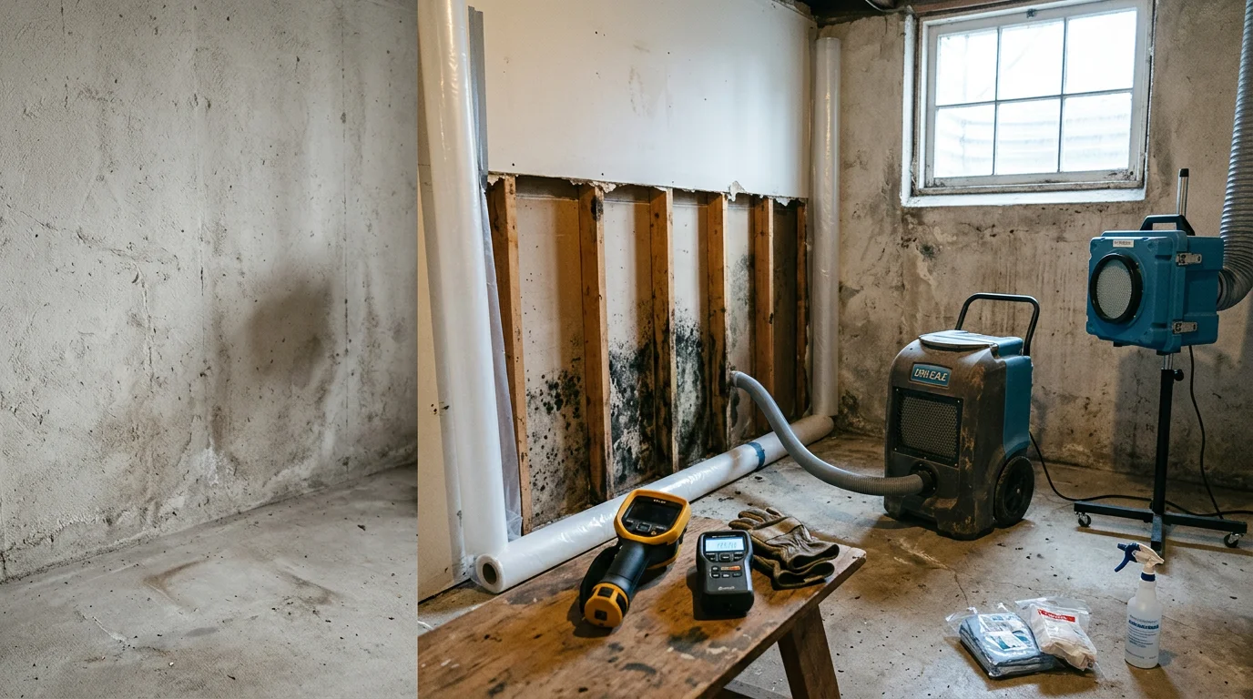 A restoration technician inspecting mold growth on drywall in a Portland-area home basement following water damage. Containment plastic sheeting is visible in the background.