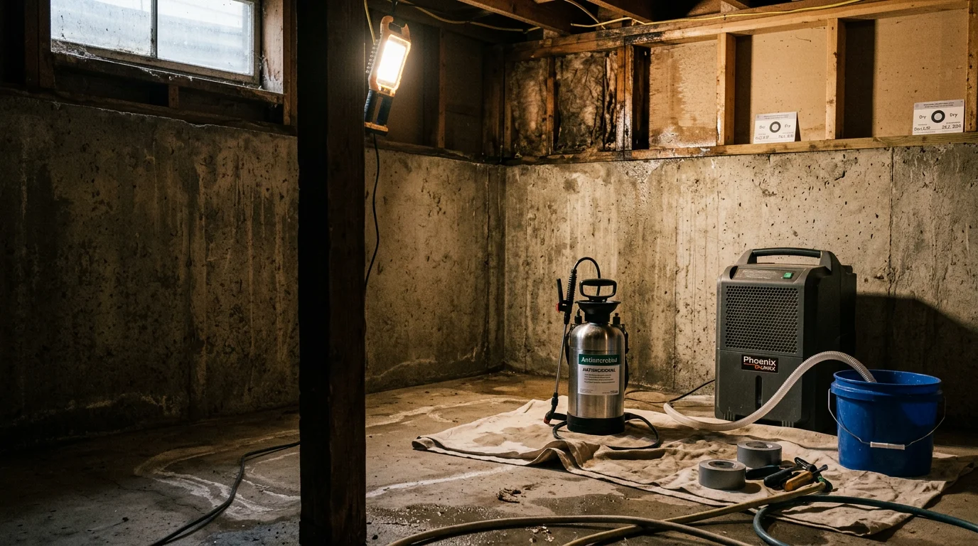A restoration technician applying antimicrobial treatment to water-damaged flooring and baseboards inside a Portland home after a flooding event. The crawl space access panel is open in the background, showing the scope of the sanitization work.