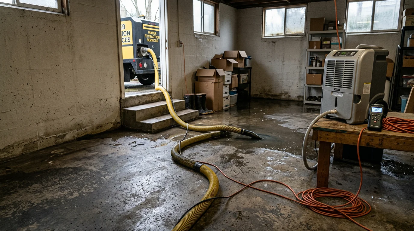 Industrial water extraction equipment removing standing water from a flooded basement in a Portland-area home. Wet flooring and saturated drywall visible in the background during the active extraction process.