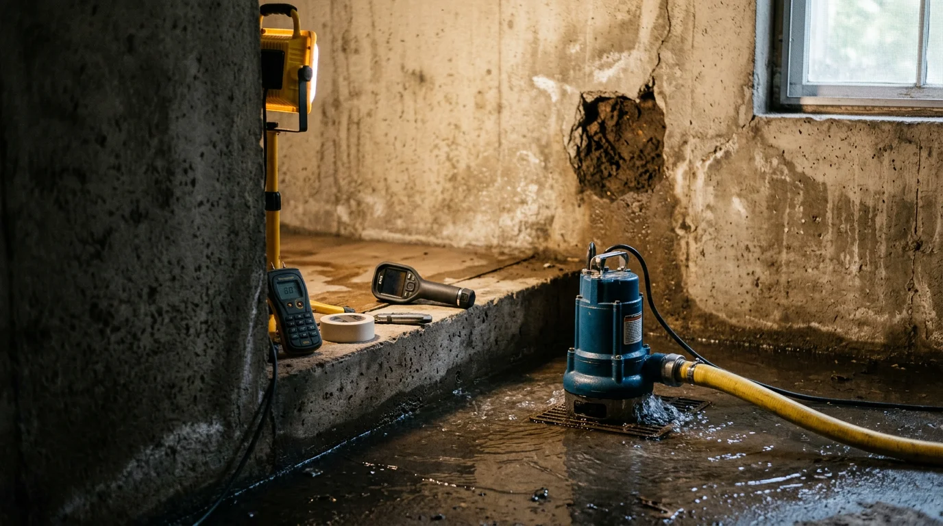 A restoration technician extracting standing water from a flooded basement in a Portland-area home, with wet flooring and a visible water line along the lower wall. Equipment is positioned near the center of the room during active water removal.